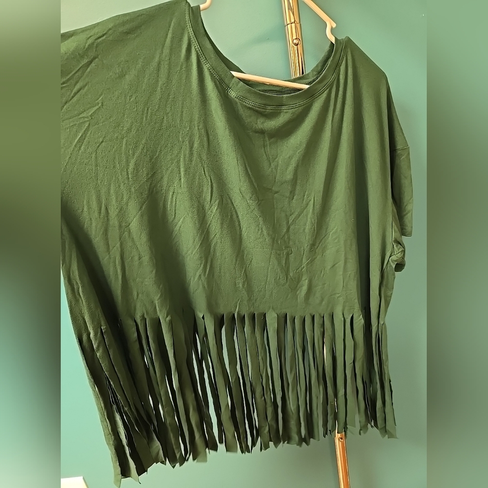 Fringed Short Sleeve Tee - Olive Green - Picture 2 of 8